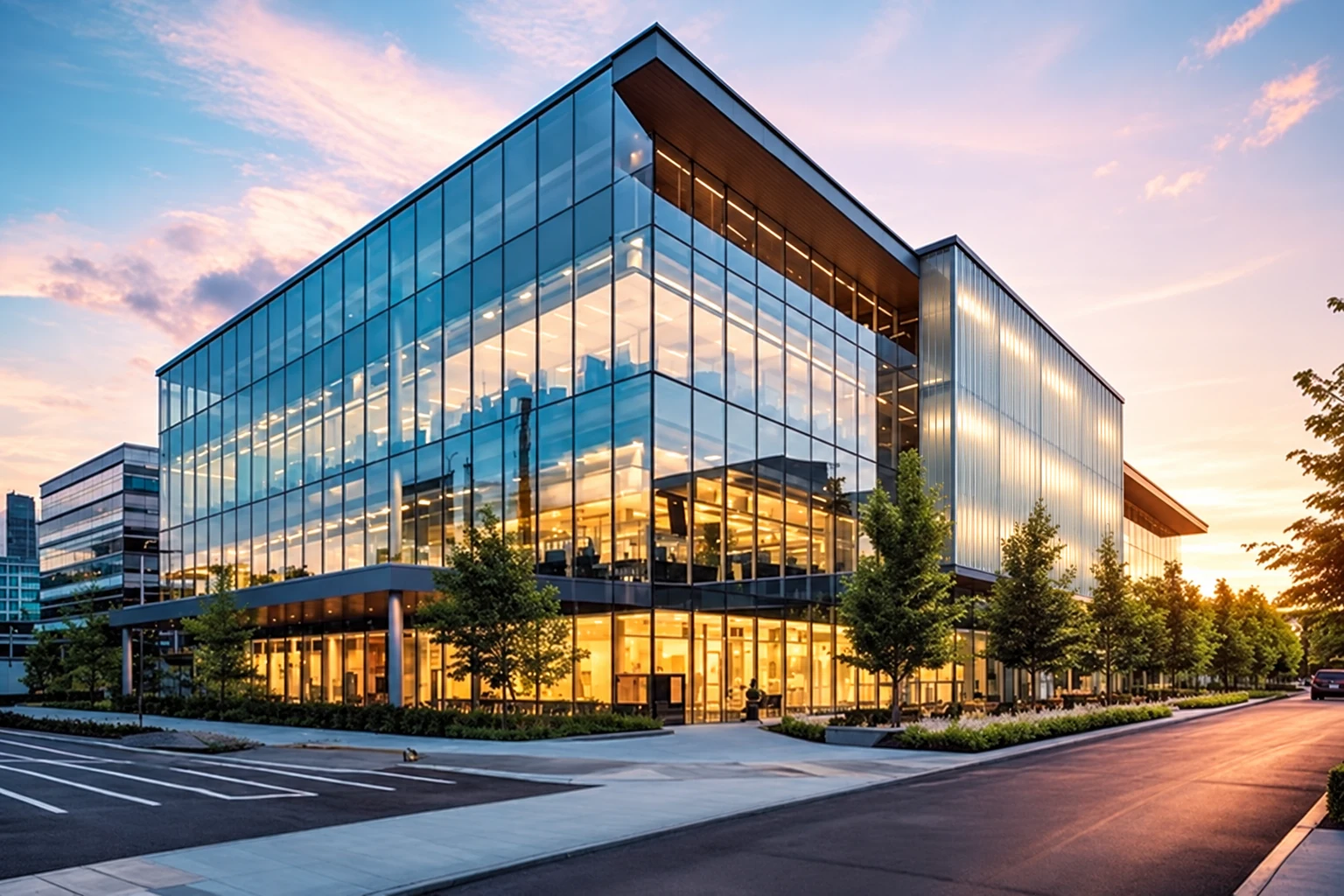 Bâtiment de bureaux contemporain avec façade vitrée