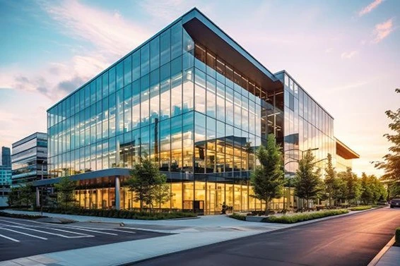 Immeuble tertiaire contemporain avec larges façades vitrées au coucher du soleil